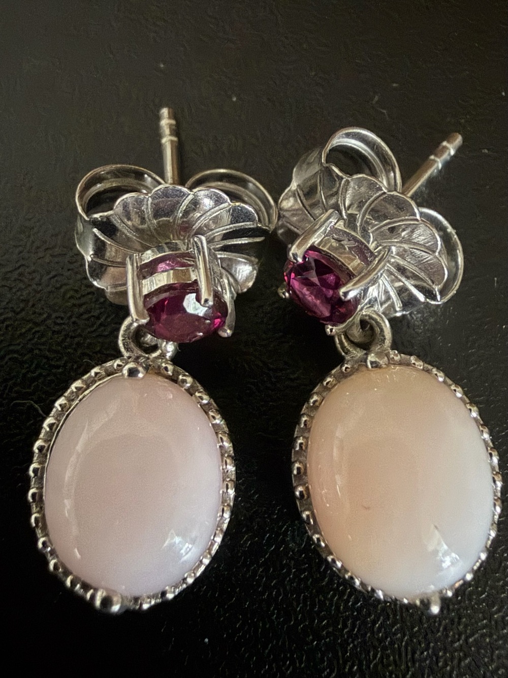 VINTAGE MLD TH 925 STERLING SILVER PINK OPAL & RHODOLITE GARNET DANGLE EARRINGS - Picture 3 of 12